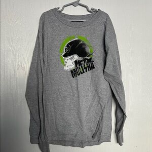 Metal Mulisha Gray Tee with Neon Green Skull Graphic